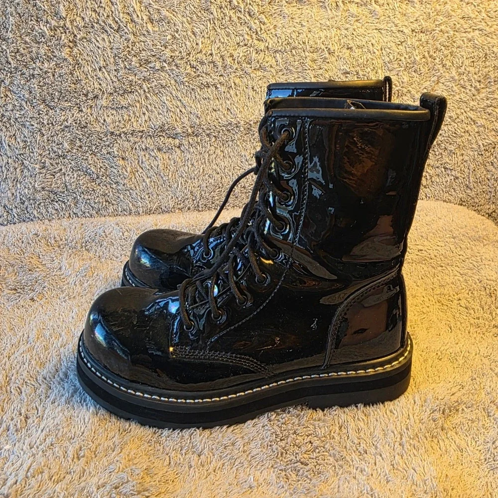 Avenger Work Boots Womens Black Patent Leather Safety Platform‎ Boots Comp Toe 9